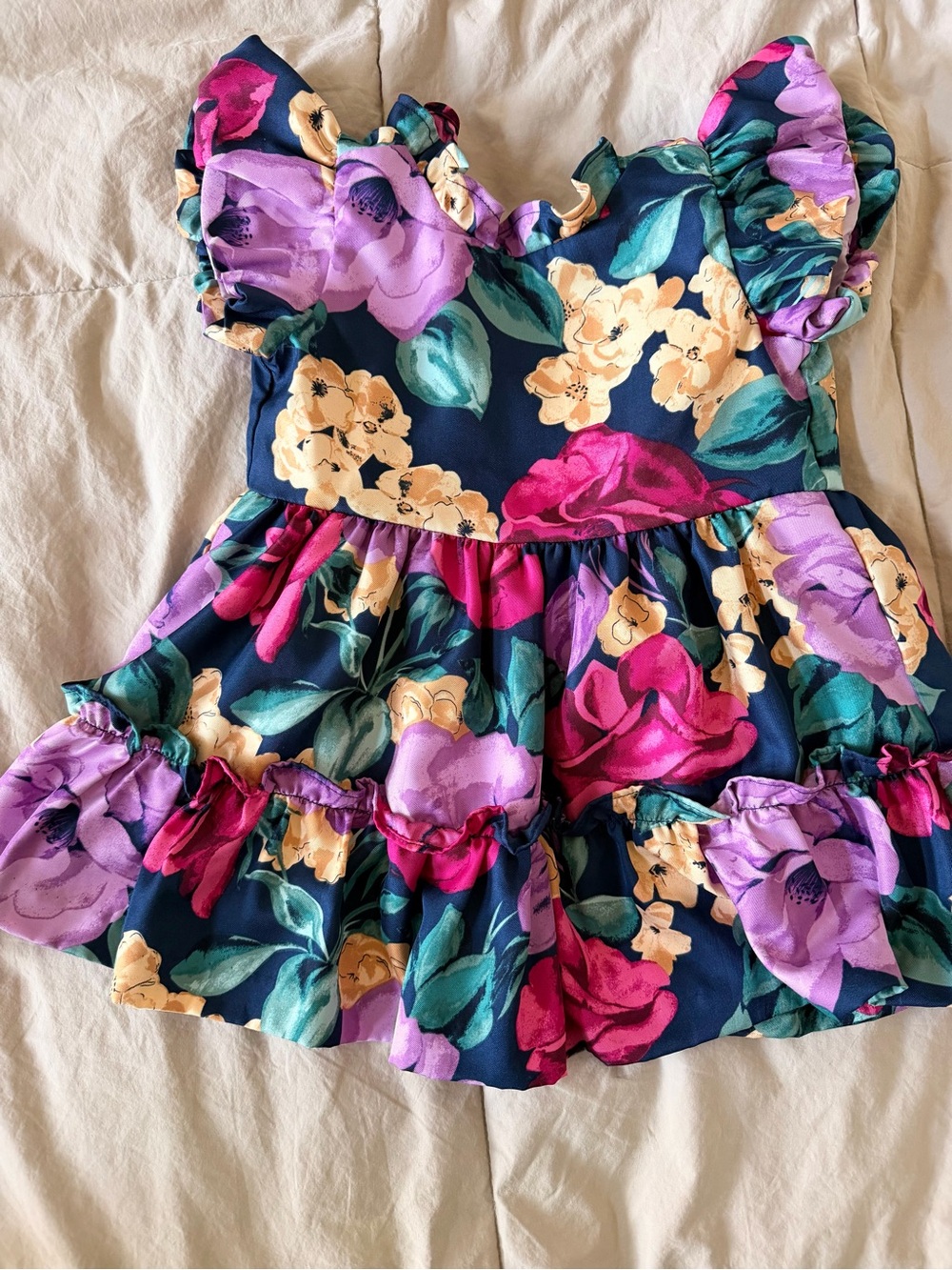 Janie and Jack Navy Floral Ruffle Dress with Pink, Purple and Yellow Blooms
